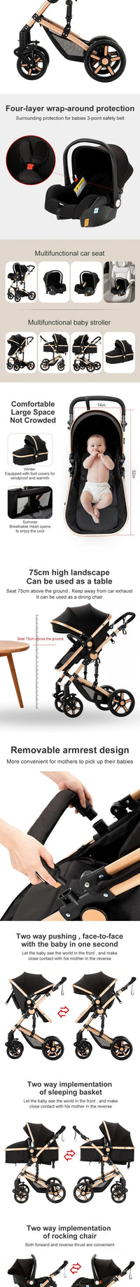 Poussette compacte 3 en 1, combinaison poussette-siège auto, poussette multifonctionnelle haute pour bébé et enfant en bas âge.
