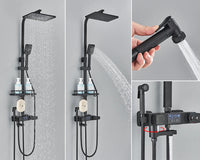 Robinet de douche thermostatique à affichage numérique noir, salle de bains, mitigeur de douche à pluie thermostatique à 4 voies, robinets, étagère et Bidet