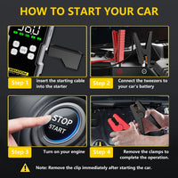 Démarreur de voiture 7000 A avec compresseur d'air, booster de batterie 12 V, batterie externe avec lampe torche LED et câble intelligent avec affichage de la tension.