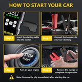 Démarreur de voiture 7000 A avec compresseur d'air, booster de batterie 12 V, batterie externe avec lampe torche LED et câble intelligent avec affichage de la tension.