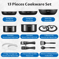 Batterie de cuisine à induction Bezia avec revêtement céramique sain, casseroles et poêles antiadhésives, ensemble 13 pièces avec poignées détachables