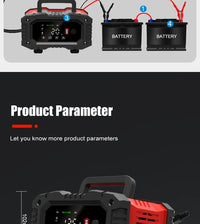 Chargeur de batterie portable 20 A/10 A pour voiture, moto et camion (12 V/24 V), automatique, AGM LiFePO4, plomb-acide, avec fonction marche/arrêt et réparation.