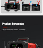 Chargeur de batterie portable 20 A/10 A pour voiture, moto et camion (12 V/24 V), automatique, AGM LiFePO4, plomb-acide, avec fonction marche/arrêt et réparation.