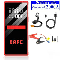Démarreur de voiture EAFC 2000A avec compresseur d'air, écran LCD, chargeur de batterie externe et gonfleur de pneus.