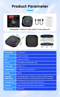 CarlinKit Android 13 LED AI Box, boîtier multimédia intelligent pour voiture, CarPlay sans fil, Android Auto sans fil, puce Qualcomm, carte SD extensible jusqu'à 512 Go