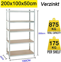 Étagère Industrielle Lourde 5 Niveaux Réglables 875KG Charge Max, Sans Boulons - Rangement Métal Garage Atelier Cave Entrepôt 200x100x50cm