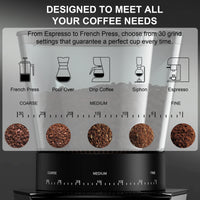 BioloMix Moulin à café électrique à meule automatique, avec 30 vitesses pour moudre l'espresso et le café américain, avec anneau magnétique
