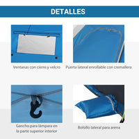 Tente de plage pop-up Outsunny avec 2 portes 2 fenêtres 220X173X120 cm Bleu